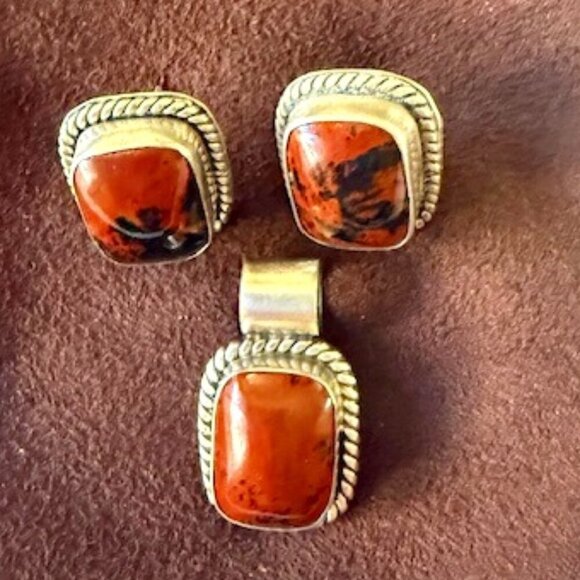 vintage sterling silver jasper square southwest mexico stud earrings & pendant - Picture 1 of 3